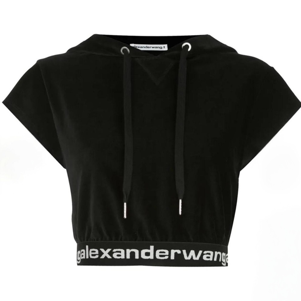 Alexander Wang Black Cropped Corduroy Stretch Logo Hoodie